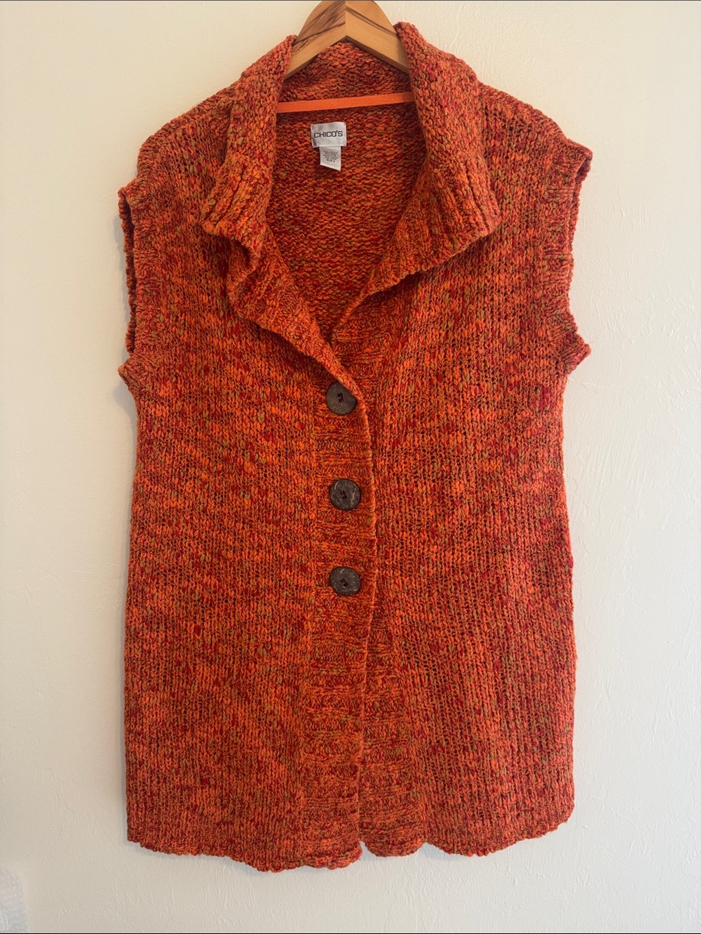 Chicos Wool Nylon Cardigan Sweater Womens 2 Large Orange Chunky Knit Long Length